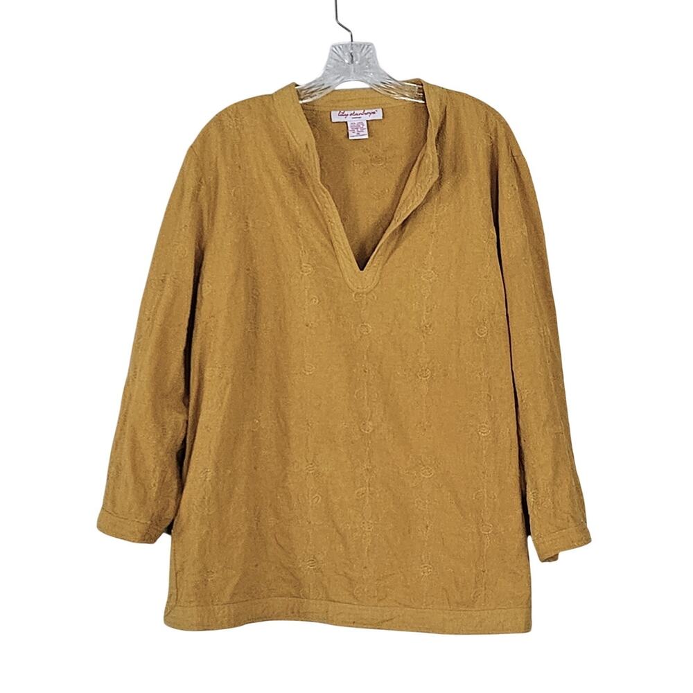 Lily Stanhope Linen Blend Embroidered Floral 3/4 Slv Blouse Sz 1X Gold Yellow